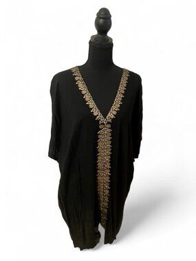 Ava Sky Honolulu Black Gold Beaded Flowy Tunic Top Kaftan Cover Up Resortwear OS